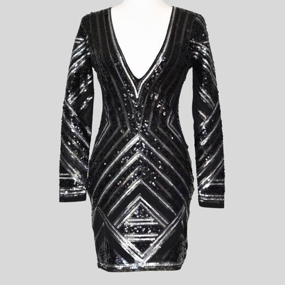 EXPRESS Women's Black & Silver Sequin Stretchy Mini Dress Deep V-Neck Size XS - Picture 2 of 10